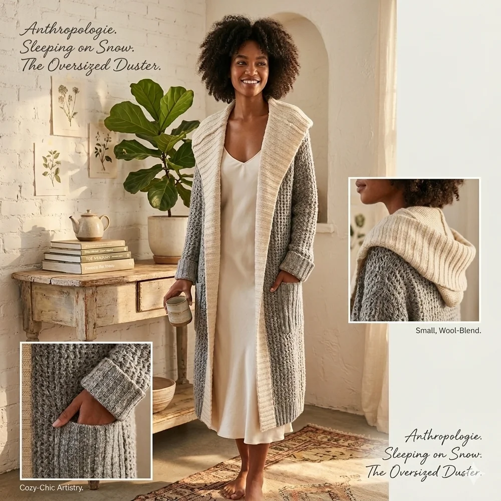 Anthro Sleeping on Snow Hooded Oversized Cardigan S Oatmeal - Picture 2 of 10